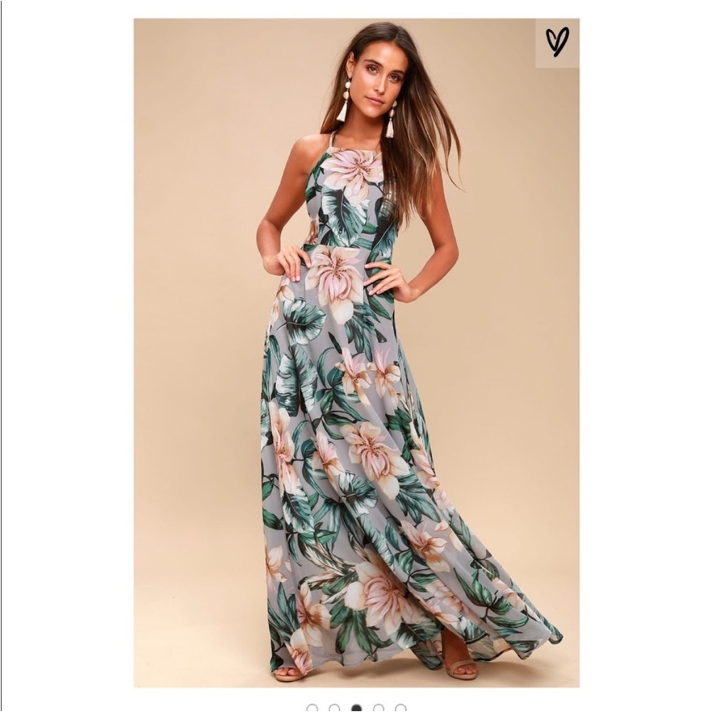 LULUS GREY FLORAL PRINT LACE-UP MAXI DRESS
